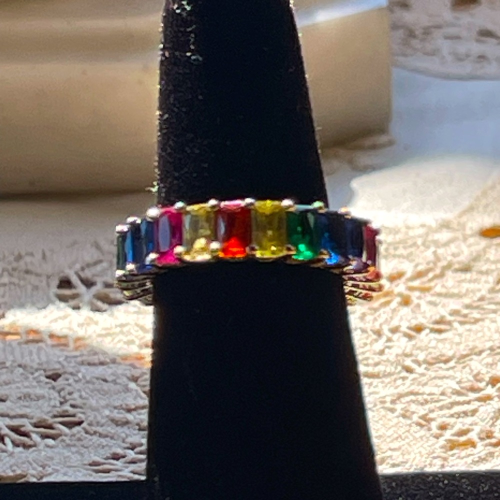 Multicolor glass & 925 silver eternity band ring 7